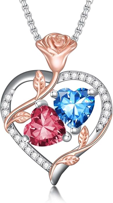 Christmas Gifts for Women Rose Heart Birthstone Pendant Necklace I Love You Forever Jewelry Valentine Mothers Day Birthday Gifts for Women Her Wife Girlfriend