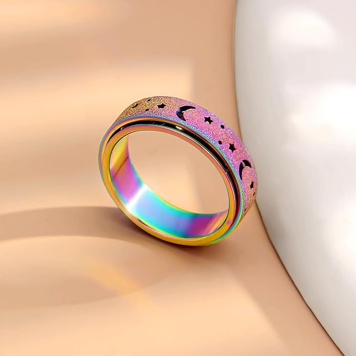 AmorArtSky Anxiety Ring for Women Men, Titanium Stainless Steel Spinner Ring, 5 Colors, 6MM, Size 6-10, 3 Styles Anxiety Ring-Moon Star, Sandblasted Finished, Hollow Outer