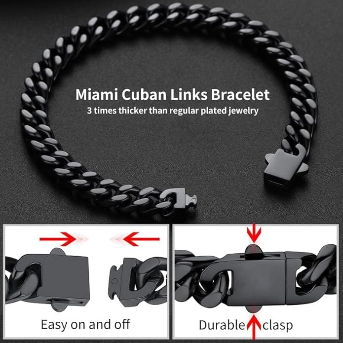 ChainsHouse Stainless Steel Cuban Link Bracelet for Men, 5mm/7mm/9mm/12mm Width, 7.5"/8.3"/9" Length, Black/18K Gold Plated Chain Wrist Bracelets for Men, with Gift Box