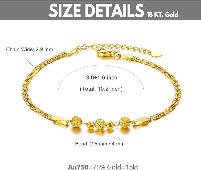 SISGEM Solid 18k Yellow Gold Bead Bracelet and Anklets for Women, Real 18 Karat Gold Fine Ankle Bracelet Jewelry for Her (2.3 mm Wide Chain, 8.6-10.2 Inch)