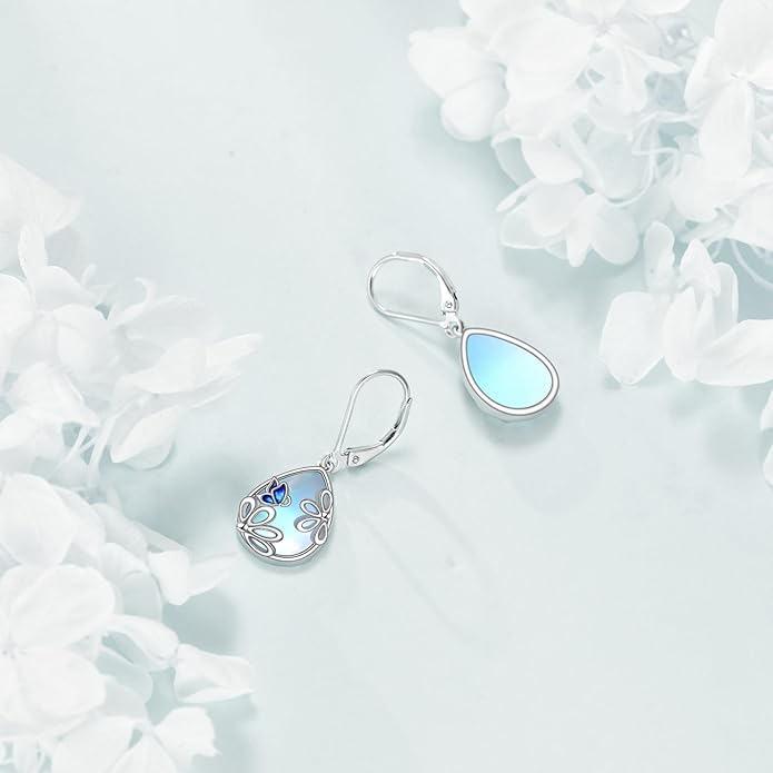 AOBOCO Butterfly/Dragonfly/Bee/Ladybug Leverback Earrings 925 Sterling Silver Rose Lotus Tulip Flower Filigree Dangle Earrings Teardrop Moonstone Larimar Turquoise Abalone Shell Jewelry Birthday Gifts for Women