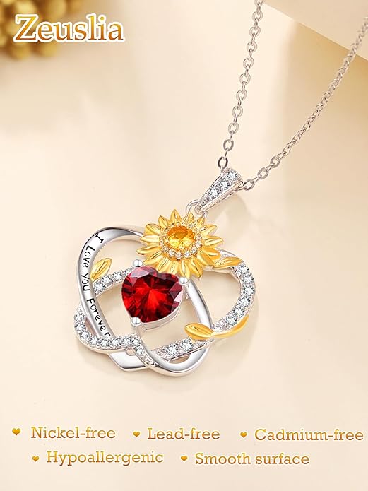 Zeuslia Double Birthstone Necklace Gifts for Wife - 925 Sterling Silver Sunflower/Rose/Crown Cross/Compass/Heart Pendant I Love You Necklace, Anniversary Birthday Gifts for Wife Girlfriend Mom Her