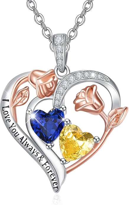 Zeuslia Double Birthstone Necklace Gifts for Wife - 925 Sterling Silver Sunflower/Rose/Crown Cross/Compass/Heart Pendant I Love You Necklace, Anniversary Birthday Gifts for Wife Girlfriend Mom Her