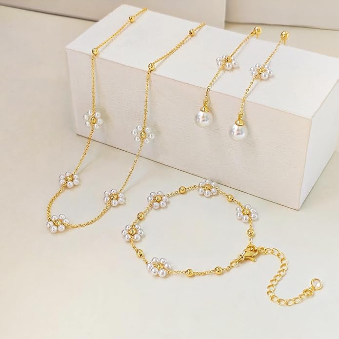 Zeffy Gold Pearl Necklace for Women, Dainty 14K Gold/Silve Plated Layered Pearl Choker Pearl Earrings Pearl Bracelets Wedding Trendy Gold Jewelry Set for Women Gifts