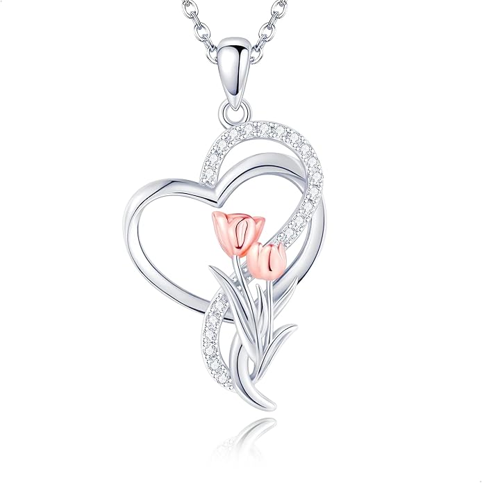 Tulip Sunflower Rose Lily of the Valley Sterling Silver Flower Heart Pendant Necklace Gifts for Women Mother Flower Lover