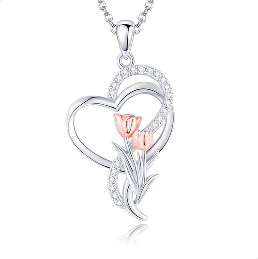 Tulip Sunflower Rose Lily of the Valley Sterling Silver Flower Heart Pendant Necklace Gifts for Women Mother Flower Lover