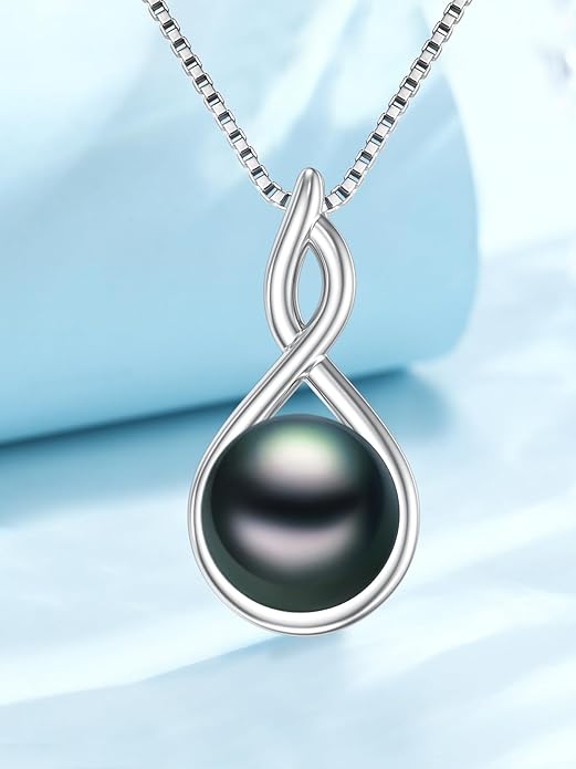 Tahitian Black Pearl Necklace Infinity Gifts for Women Wife Wedding Birthday Anniversary Jewelry Valentines Christmas Day Gifts 925 Sterling Silver