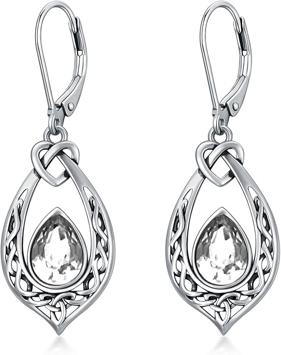 Celtic Knot Dangle Earrings 925 Sterling Silver Oxidized Vintage Drop Leverback Earrings with 8 * 6mm Simulated Birthstone Crystal Christmas Jewelry Gifts for Women (Gift Box)