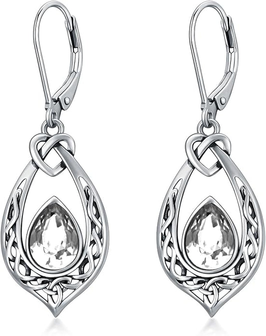 Celtic Knot Dangle Earrings 925 Sterling Silver Oxidized Vintage Drop Leverback Earrings with 8 * 6mm Simulated Birthstone Crystal Christmas Jewelry Gifts for Women (Gift Box)