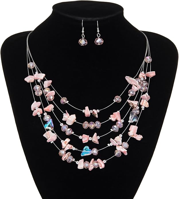 Multi-Layer Boho Shell Beaded Necklace for Women Colorful Crystal Strand with Silver Beads Statement Collars Necklace and Earrings Costumes Jewelry Sets for Women