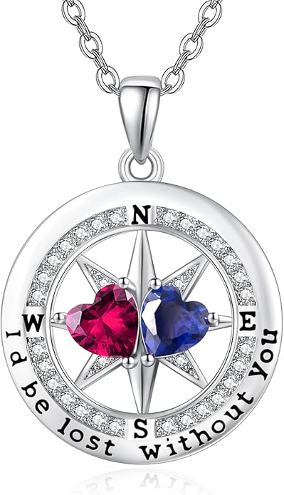 Compass Birthstones Necklace for Women, Exquisite Anniversary Birthday Gifts for Wife Her Double Birthstone Pendant jewelry ‘I'd be Lost Without You’