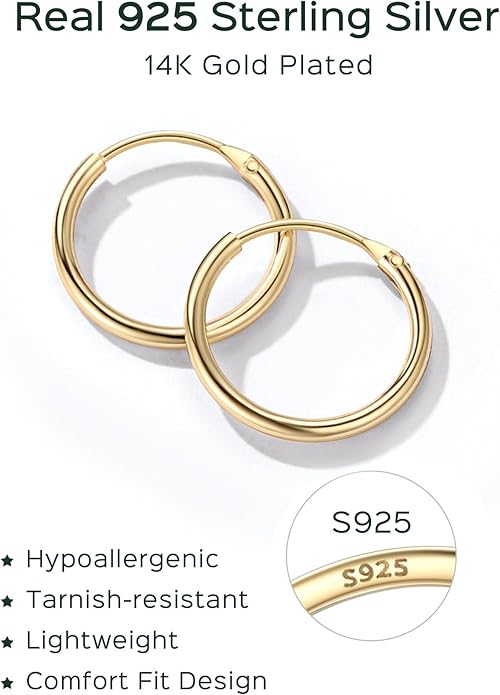 ChicSilver Hypoallergenic 925 Sterling Silver Hoop Earrings for Women, Lightweight Large Gold Plated Hoop Earrings, Endless Hoops Huggie Earrings 15/20/30/50/70MM