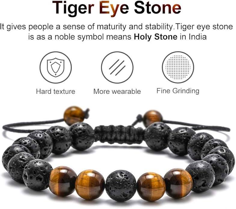 M MOOHAM Natural Stone Bracelets for Men - 8mm Tiger Eye, Matte Agate, Lava Rock - Teen Boys Gifts for Birthday, Anniversary, Christmas