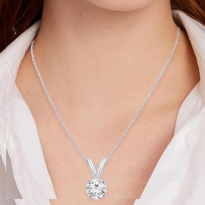 Houston Diamond District 0.5-10 Carat Lab Grown Diamond Solitaire Pendant Necklace, Round Cut Solitaire, 4-Prong Setting, Jewelry for Women (E-F, VS)