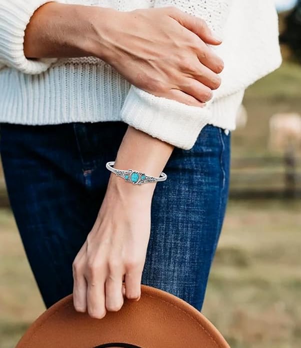 Genuine Turquoise Leaf Boho Bracelet, Sterling Silver Native American Adjustable Bangle Cuff Jewelry for Women, Fit for 6.5 7 7.5 Inches