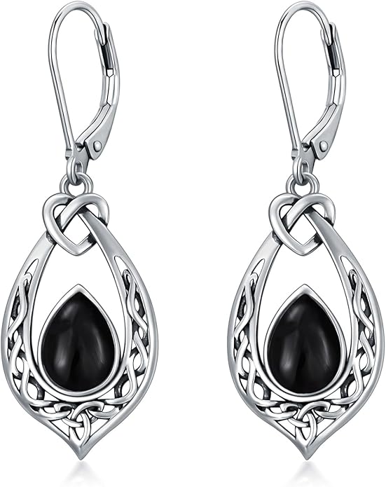 Celtic Knot Dangle Earrings 925 Sterling Silver Oxidized Vintage Drop Leverback Earrings with 8 * 6mm Simulated Birthstone Crystal Christmas Jewelry Gifts for Women (Gift Box)