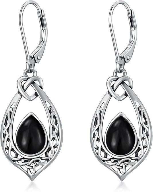 Celtic Knot Dangle Earrings 925 Sterling Silver Oxidized Vintage Drop Leverback Earrings with 8 * 6mm Simulated Birthstone Crystal Christmas Jewelry Gifts for Women (Gift Box)