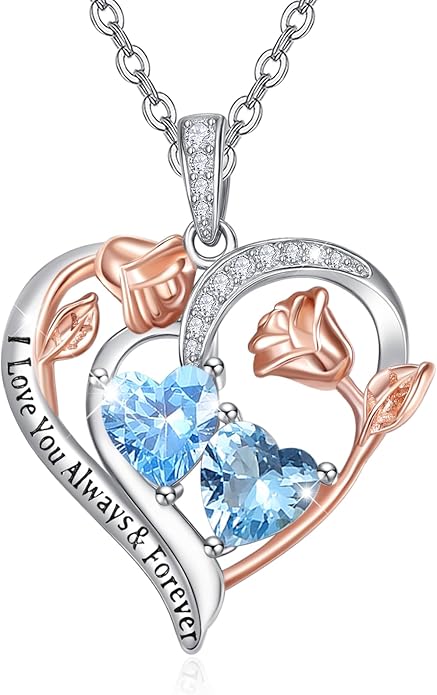 Zeuslia Double Birthstone Necklace Gifts for Wife - 925 Sterling Silver Sunflower/Rose/Crown Cross/Compass/Heart Pendant I Love You Necklace, Anniversary Birthday Gifts for Wife Girlfriend Mom Her