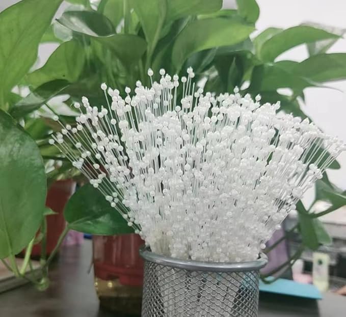 100 Pieces String Pearls Sticks, BetterJonny 3mm Beads String Creative Pearl Flower Stem Bead Sticks Pearl Beaded Stems DIY Floral Bead Strands for Party Decoration (White)