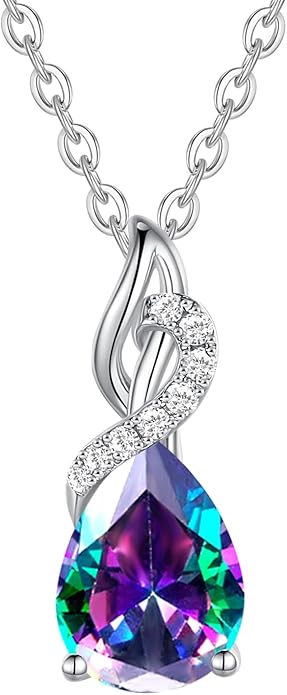 FANCIME 14K Solid White Gold Teardrop Pendant with Diamond Birthstone Necklace