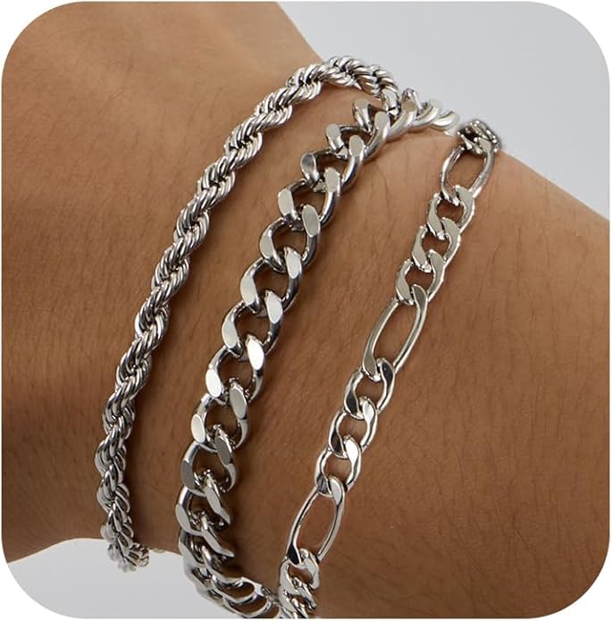 3 PCS Silver Bracelets for Men 925 Sterling Silver/14K Gold Palted Cuban Link Chain Bracelet Figaro Rope Bracelet Set Mens Jewelry Gifts for Dad Husband Boyfriend 7.5/8.2 Inches