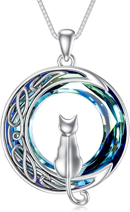 TOUPOP Christmas Cat Gifts for Cats Lovers One Two Three Four Cats Necklace Sterling Silver Cats on the Moon Pendant Necklace with Blue Circle Crystal Birthday Christmas Celtic Jewelry Gifts for Women