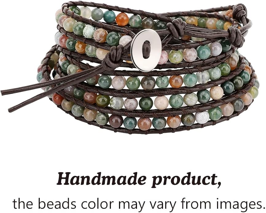Emibele Layered Leather Bracelet, Rivet Leopard Print Bohemian Style Multilayer Wrap Bracelet, Handmade Agate Amethyst Chakra Crystal Glass Beaded Shell Bracelet for Women