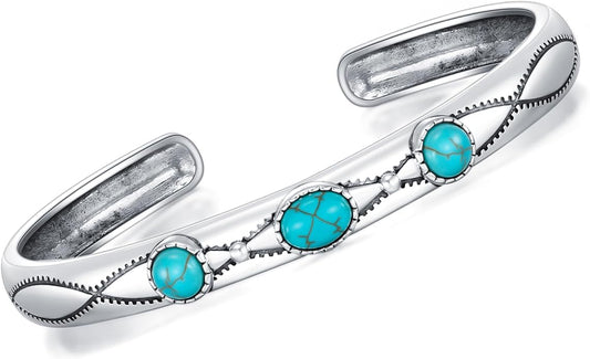 Genuine Turquoise Boho Bracelet for Women, Sterling Silverg Gemstone Native American Western Jewelry, Fit for 6.5 7 7.5 Inches