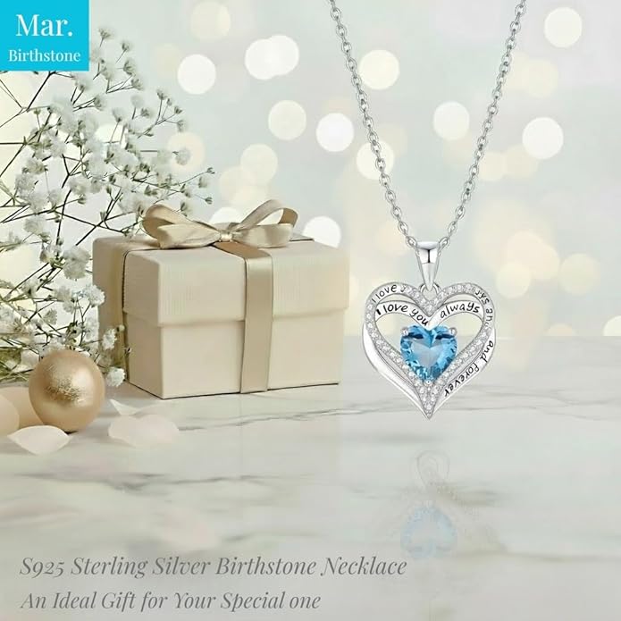 Birthstone Heart Necklace for Women Wife Girlfriend Mom Daughter Gifts S925 Silver Jewelry For Anniversary Rose Gold Gifts For Birthday Christmas Mothers Valentines Day