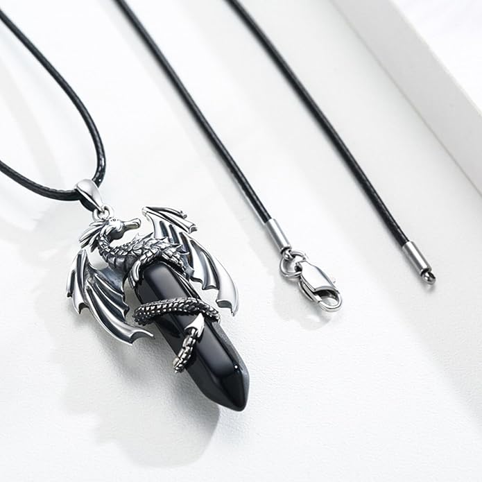 REDSUN 925 Sterling Silver Dragon Pendant Necklace Viking Dragon with Obsidian/Opal Protection Jewelry Gifts for Men Women Her Him Birthday Valentines Day Gifts