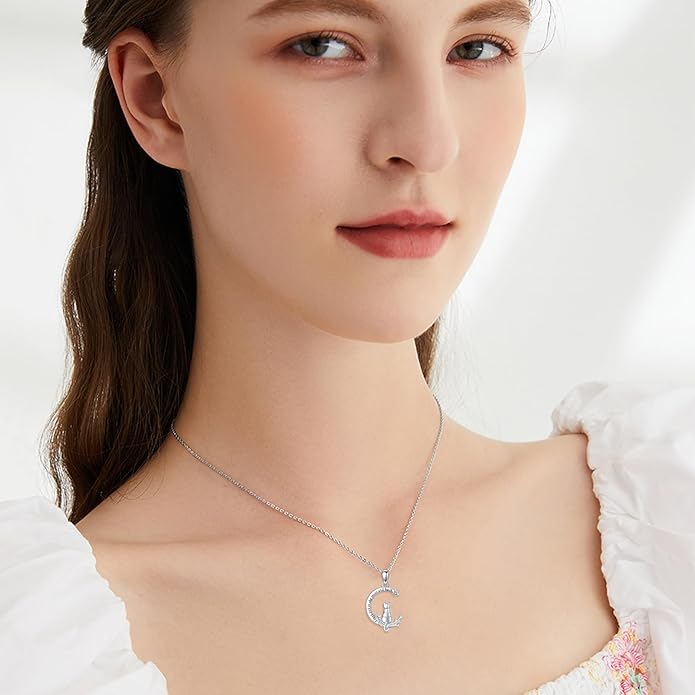 Cat Gifts for Women 925 Sterling Silver Heart Moon Cat Necklace Pendant Women Jewelry Halloween Christmas Gifts