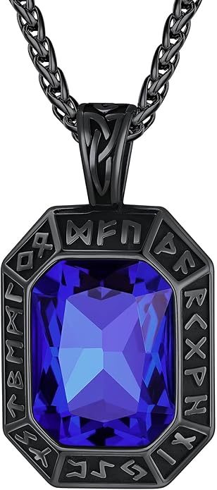 ChainsHouse Viking Rune Pendant Necklace for Men Women, Punk Biker Black Metal/316L Stainless Steel Onyx Norse Vintage Amulet Necklaces with Black/Red/Green/Blue Gemstone, Send Gift Box