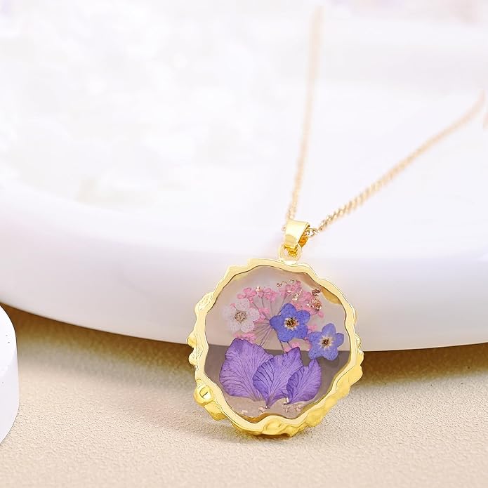 Birth Flower Necklaces for Women,1-12 Month Real Pressed Flower Necklace,Boho-Style Personalized Jewelry, Handmade Floral Pendant,Thoughtful Gift for Christmas,Birthday|18"
