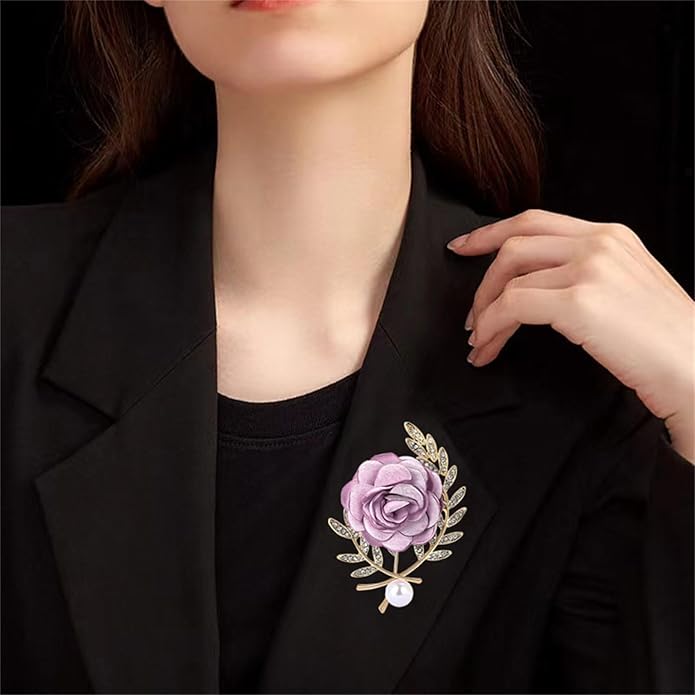 Dreuyet Rose Flower Brooch for Women Dainty Elegant Satin Fabric Flower Lapel Pins Vintage Pearl Camellia Crystal Pin Dress Suit Accessories Valentine's Day Wedding Bouquet Jewelry ﻿