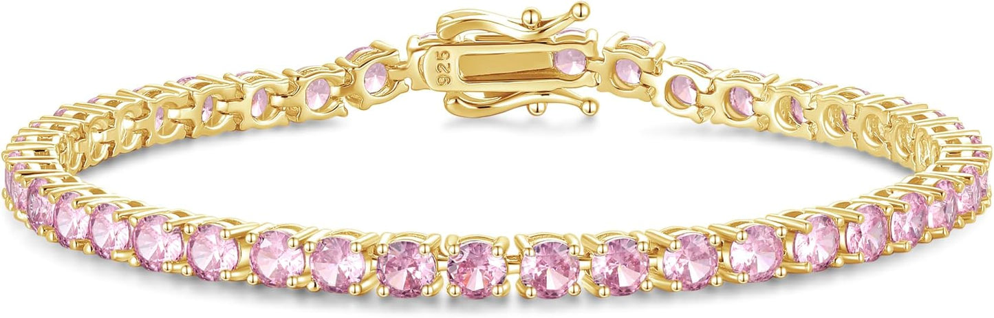 FANCIME Birthstone Bracelet 14K Gold Plated Tennis Bracelets Sterling Silver with Gold Plated Fine Jewelry Wedding Bridal Prom Birthday Gift for Women Her, Length 7.2 Inch Width 4mm