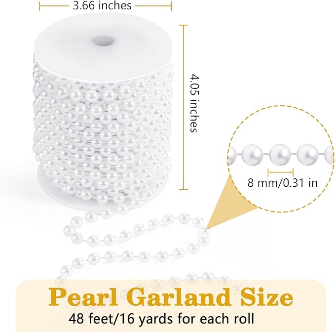 48 Feet Faux Pearl Garland, 8mm Pearl String Roll Strands, Extended String of Pearls Garland for Christmas Tree Wedding Party Decoration Centerpieces Flowers DIY Crafts (White)