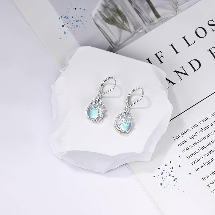 Tree of life Dangle Earrings Sterling Silver Moonstone/Turquoise/Malachite Earrings for Women Filigree Leverback Earrings Jewelry Gifts