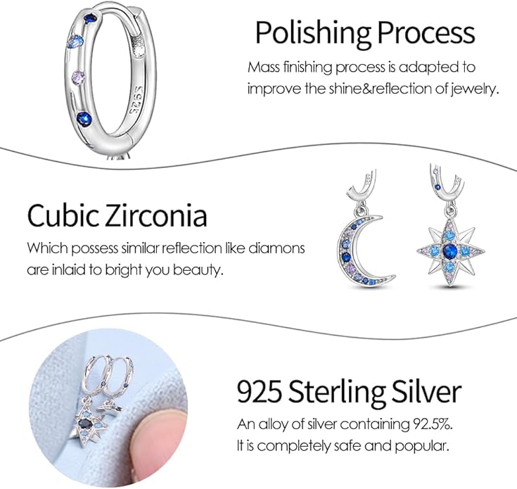 925 Sterling Silver Women Earrings, Sparkling Star and Moon Earrings, Various Hypoallergenic Earrings, Best Gift for Women