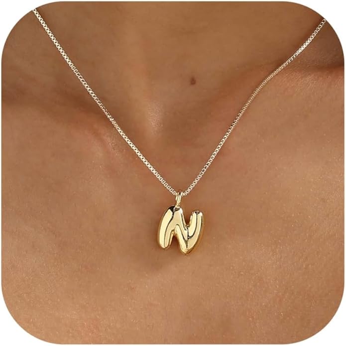Bubble Gold Silver Letter Necklace Initial Necklaces for Women Trendy 14K Dainty Charm Pendant Name Necklace Personalized Jewelry Gift for Women Teen