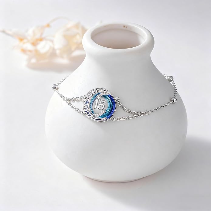JUSTKIDSTOY Birthday Gifts Bracelet for Women Girls 925 Sterling Silver Celtic Moon Star Bracelets with Blue Crystal Pendant Jewelry for Sister Friends