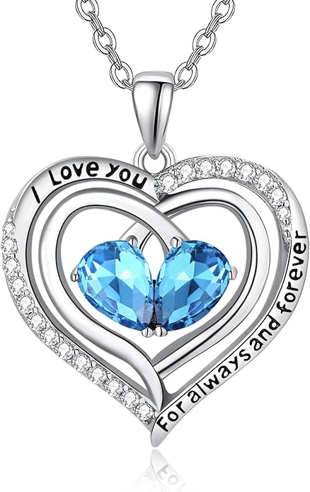 Zeuslia Double Birthstone Necklace Gifts for Wife - 925 Sterling Silver Sunflower/Rose/Crown Cross/Compass/Heart Pendant I Love You Necklace, Anniversary Birthday Gifts for Wife Girlfriend Mom Her