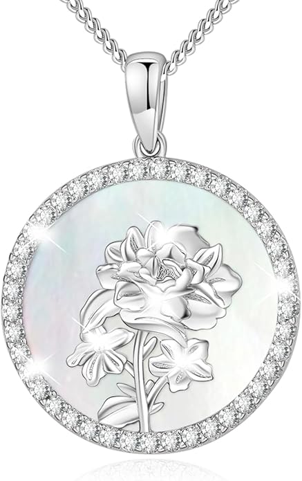 AGVANA Valentines Day Gifts Sterling Silver Birth Flower Necklace for Women Genuine Mother of Pearl CZ Round Disc Pendant Necklace Fine Jewelry Anniversary Birthday Gifts for Women Wife Mom Her