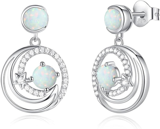 FANCIME Dangle Drop Earrings 925 Sterling Silver Moon Star Round Gemstone Birthstone Jewelry Birthday Christmas Gifts for Her Women