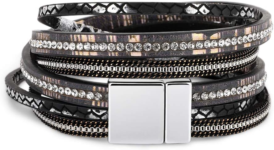 Emibele Layered Leather Bracelet, Rivet Leopard Print Bohemian Style Multilayer Wrap Bracelet, Handmade Agate Amethyst Chakra Crystal Glass Beaded Shell Bracelet for Women