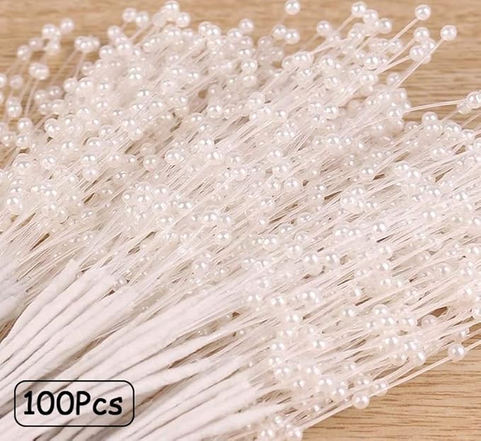 100 Pieces String Pearls Sticks, BetterJonny 3mm Beads String Creative Pearl Flower Stem Bead Sticks Pearl Beaded Stems DIY Floral Bead Strands for Party Decoration (White)