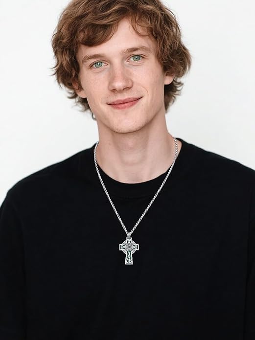 Midir&Etain Celtic Cross Necklace 925 Sterling Silver Cross Pendant Necklace Celtic Viking Irish Jewelry Religious Protective Gift for Men Women