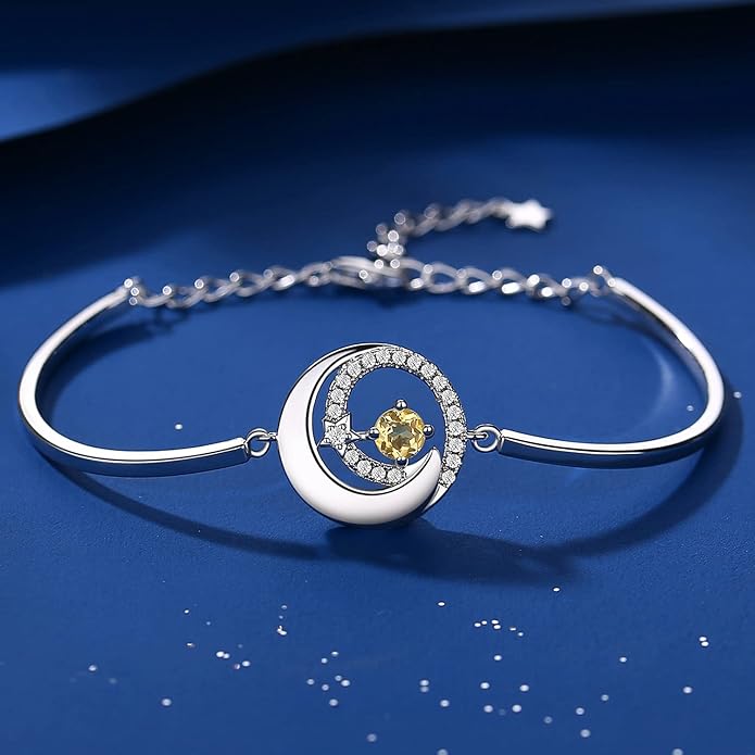 FANCIME Birthstone Bracelets 925 Sterling Silver Moon and Star Bangle Charm Bracelet Fine Jewelry Birthday Anniversary Christmas Day Gift for Her Women, Adjustable Chain 6.7"+1.2" Extend
