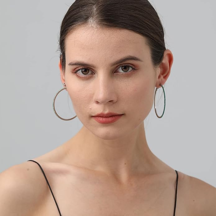 925 Sterling Silver Earrings Large Rhinestone Hoop Earrings Big Cubic Zirconia Hoop Earrings Thin Rhinestones Round Hoop Earrings for Women 20/30/40/50/60/70mm Sparkly Hoops With Crystals for Womens