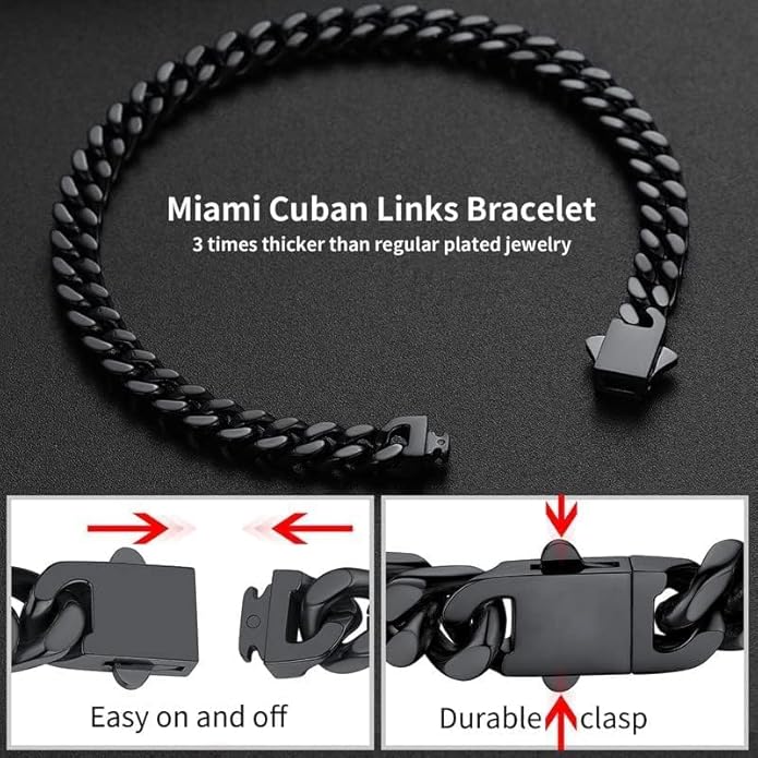 ChainsHouse Stainless Steel Cuban Link Bracelet for Men, 5mm/7mm/9mm/12mm Width, 7.5"/8.3"/9" Length, Black/18K Gold Plated Chain Wrist Bracelets for Men, with Gift Box