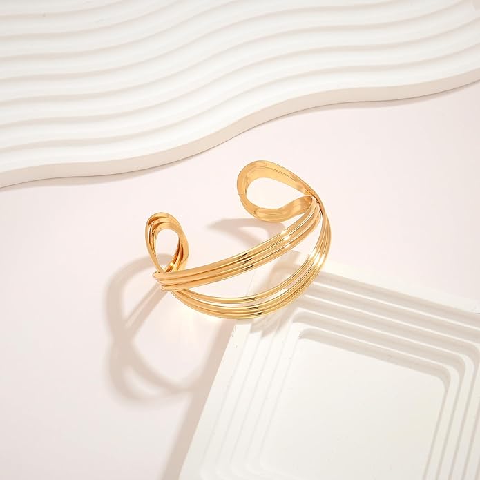 Gold Cuff Bracelet for Women Chunky Multi-layer Cross Wire Open Bracelet Hollow Wide Cuff Bracelets Adjustable Gold Open Cuff Bangle Bracelet